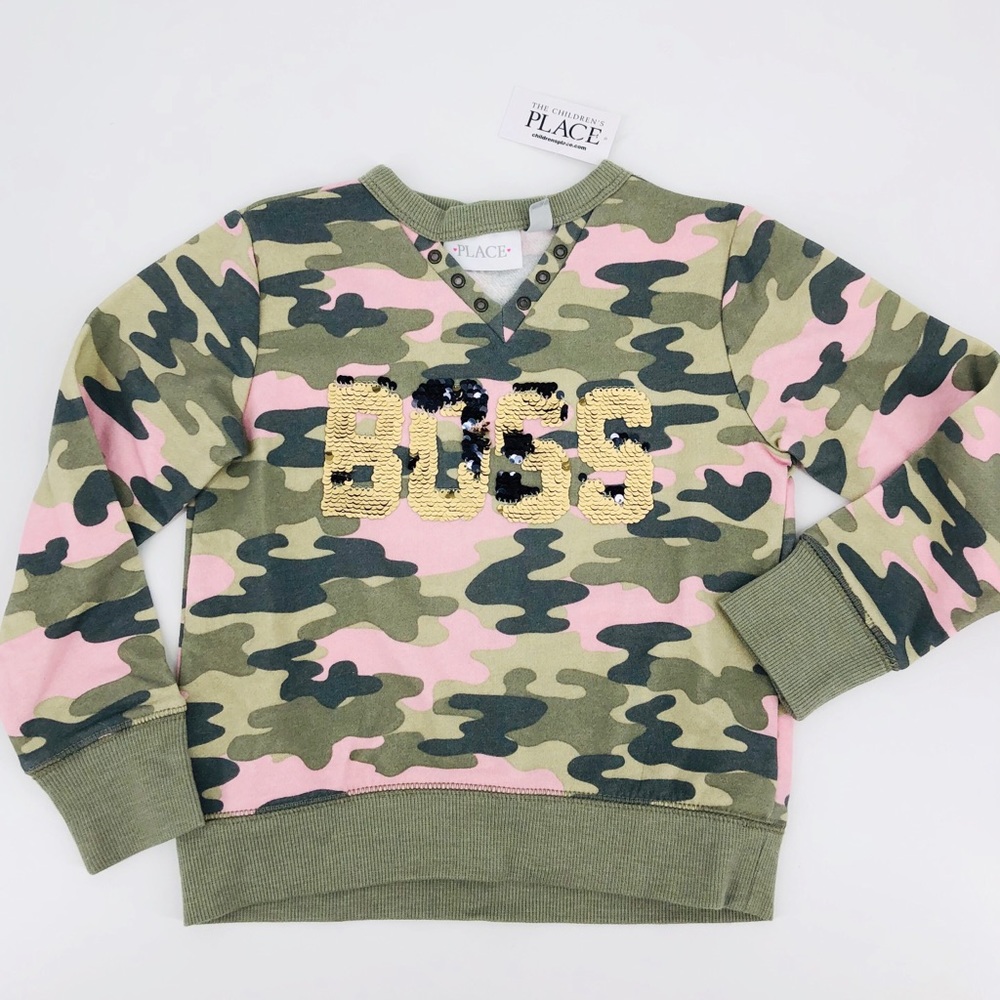 NWT Green Pink Camo Flip Sequin Boss Graphic Sweatshirt XS XSmall 4 - Picture 8 of 8